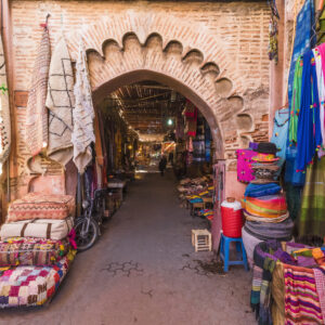 Souvenirs on the Jamaa el Fna market in old Medina, Marrakesh, Morocco